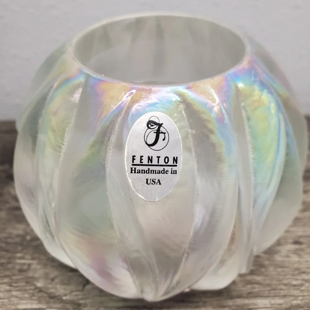 Fenton Art Glass White Pearl Iridescent Round Votive Candle Holder RARE